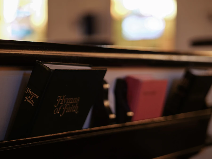 Hymn books and prayer books in a church pew