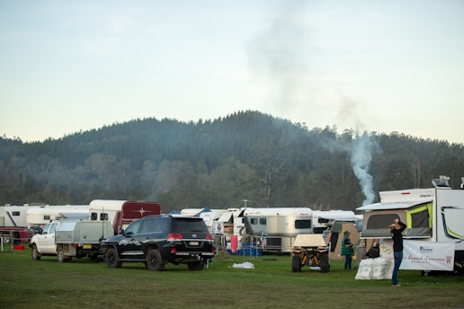 A peaceful parking area with several caravans parked neatly under clear skies.