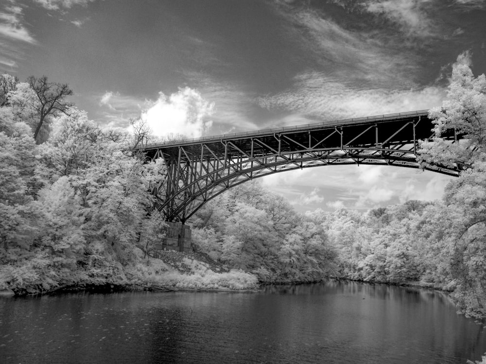 grayscale photography of metal bridge