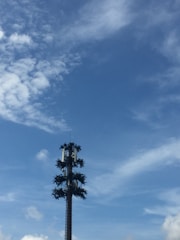 A cell tower designed to look like a tree, standing against a backdrop of blue sky with scattered clouds. The tower is adorned with artificial branches to blend in with the natural environment.