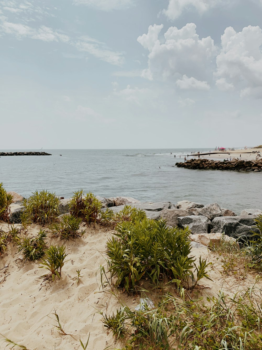 a sandy beach with a body of water in the background