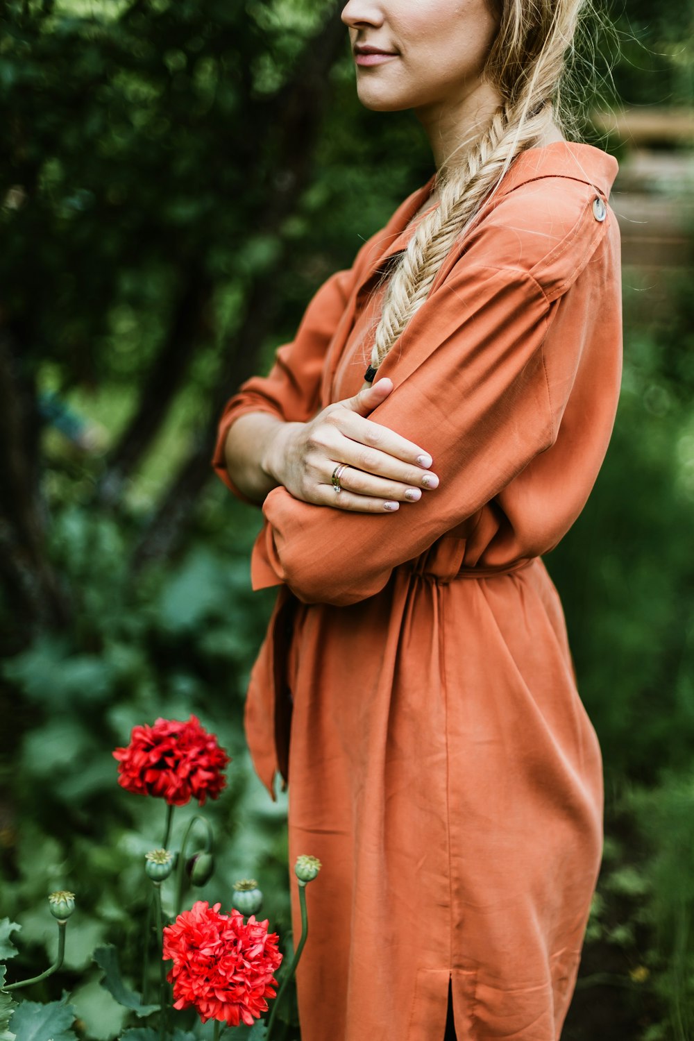 woman wearing orange dress