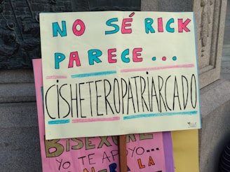 A series of protest signs leaning against a stone structure. The main sign is prominently visible with bold, colorful letters that say 'NO SÉ RICK PARECE... CISHETEROPATRIARCADO'. The background sign includes words partially obscured, with visible text 'BISEXUAL'. The signs are hand-painted with vibrant colors like pink, blue, and black.
