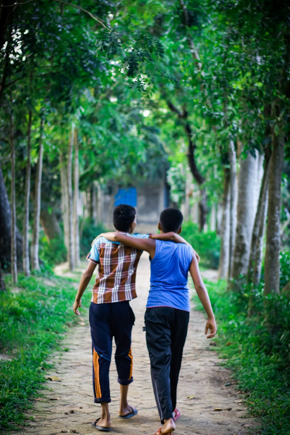 two boys with arms on their shoulder walking on rough pathway