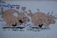 An artistic representation of New York City with playful pigs.