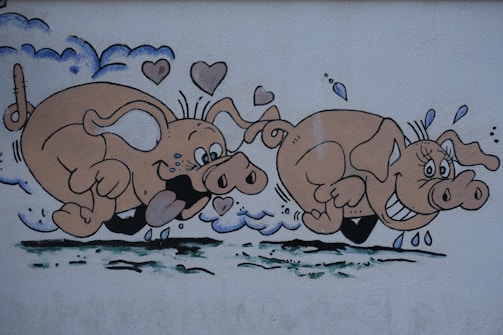 Animated pig character causing a mess with explosions of pink and gold neon in a scrap metal background.