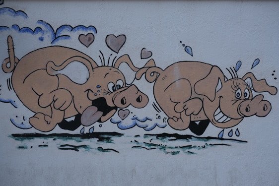 Animated pig character causing playful chaos surrounded by wooden crates and scrap metal textures.