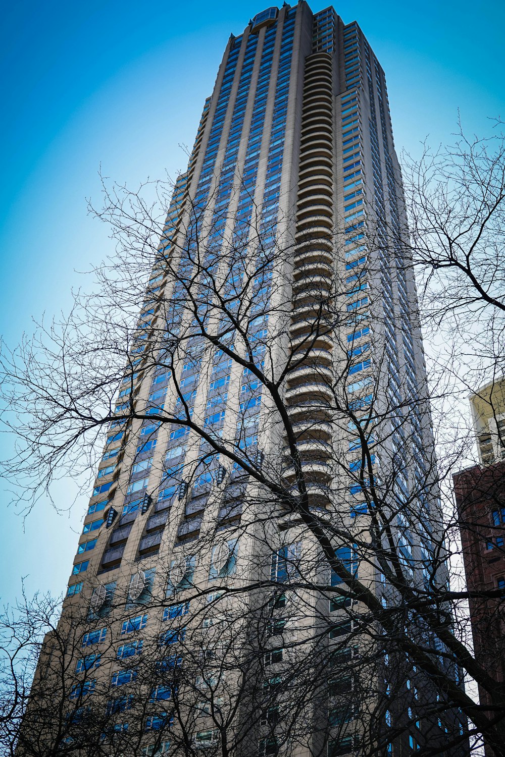 고층 건물의 로우 앵글 사진