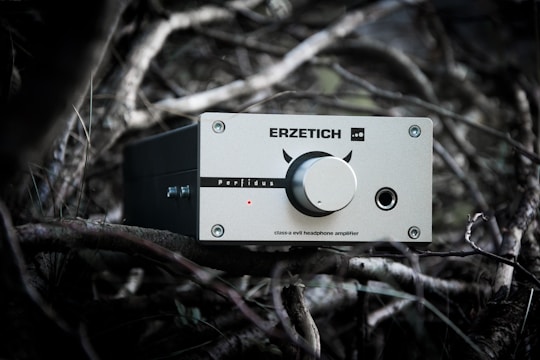 A silver headphone amplifier labeled 'ERZETICH' rests among twisted branches, featuring a central knob with decorative devil horns and various input/output ports.