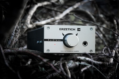 A silver headphone amplifier labeled 'ERZETICH' rests among twisted branches, featuring a central knob with decorative devil horns and various input/output ports.