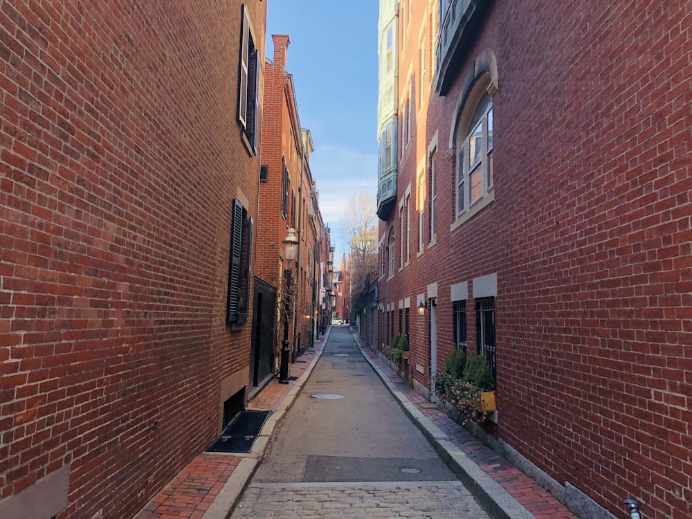empty pavement in between brick building during daytime