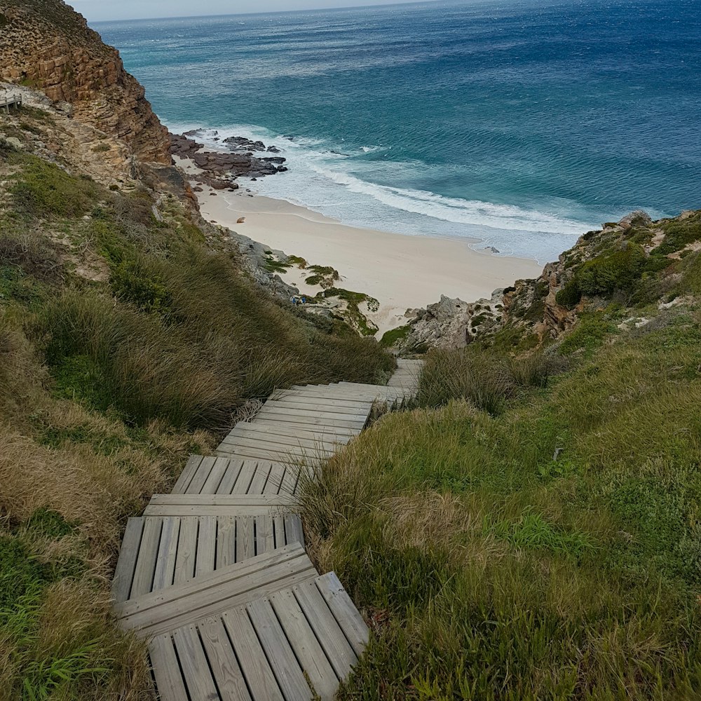 gray concrete stair seashore scenery