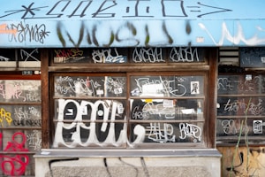 A storefront window extensively covered in various styles of graffiti and tags, set under a blue awning. The window is divided into sections by wooden frames, and the graffiti spans both the glass and surrounding wall areas. The artwork includes a mix of colors and designs, with elements like stickers and abstract shapes.
