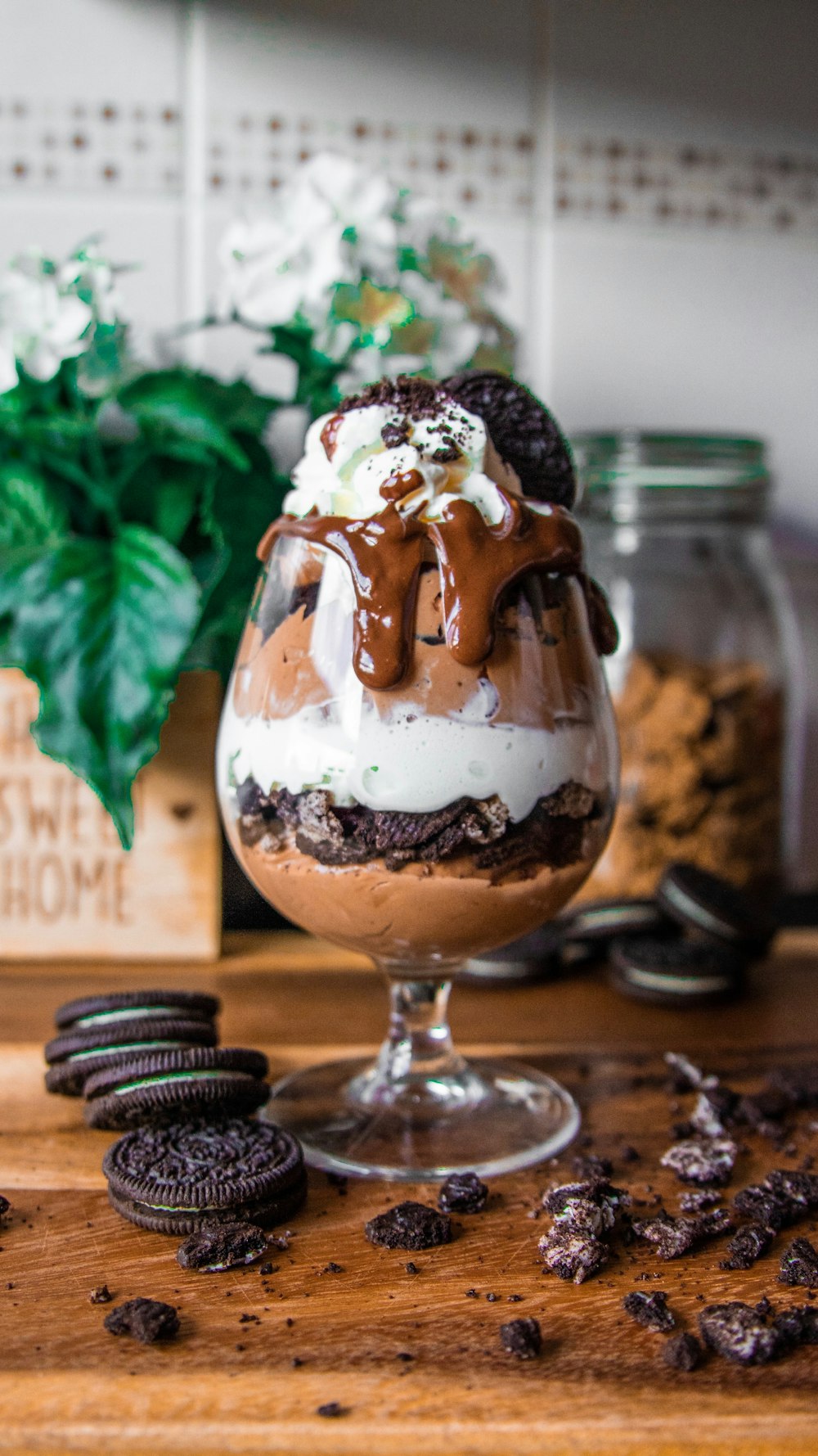 Oreo cookie sandwiches dessert in short-stem glass