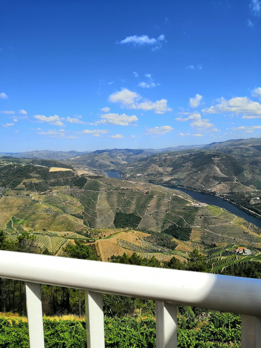 weißes Geländer mit Blick auf das Tal mit Fluss