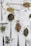 Various types of loose tea leaves and herbs are displayed on metal spoons against a white marble background. The spoons are scattered across the surface, each holding different tea blends, including chamomile flowers, green tea, and other herbal mixes.