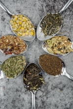 seven different spices and herbs on gray stainless steel spoons