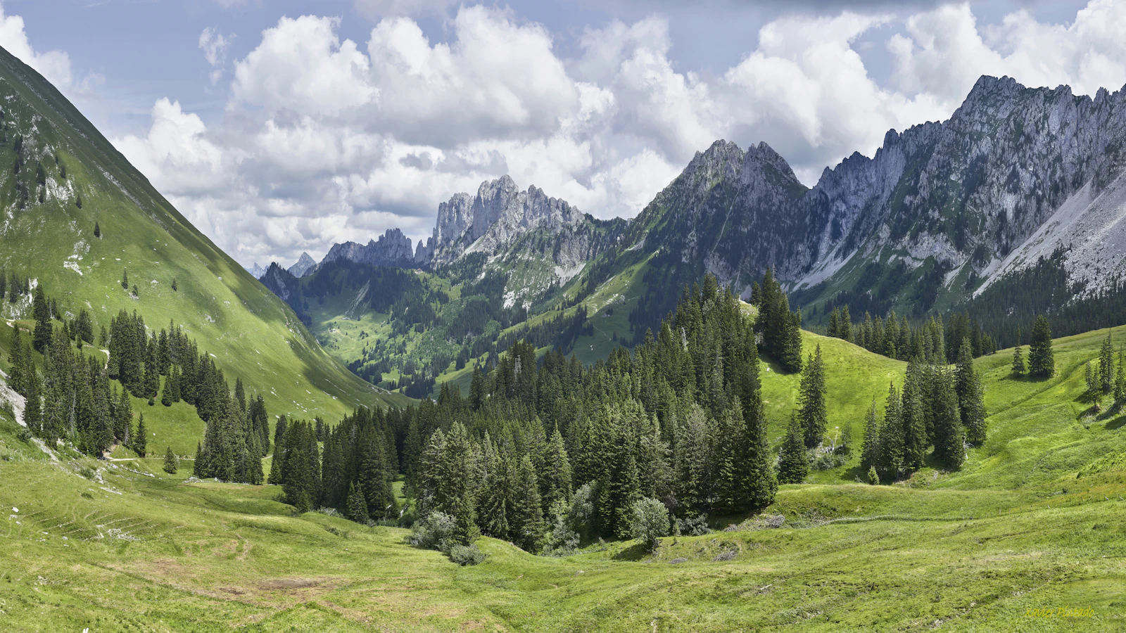 La chaîne des Gastlosen vue des alpages de Charmey, en Gruyère (Suisse)