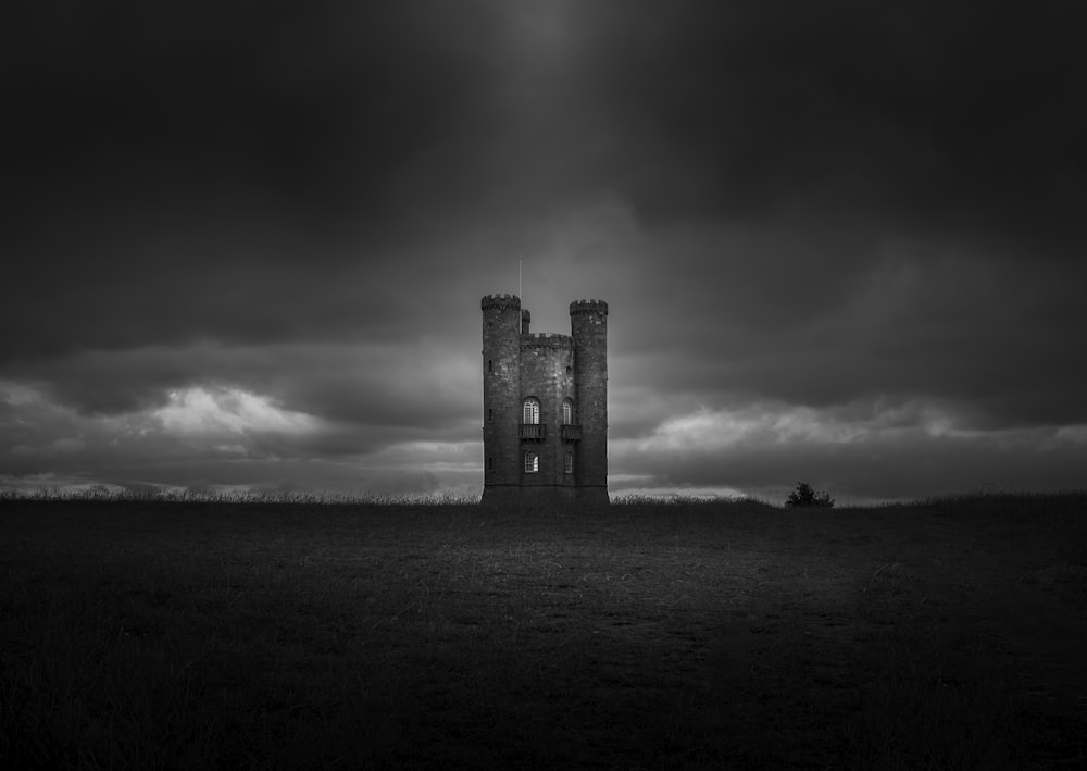 building in a field grey-scale photography