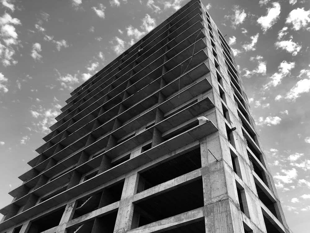 grayscale photography of high building