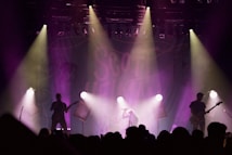 A live music performance with musicians silhouetted against a backdrop of bright stage lights. The scene is framed by beams of purple and yellow light, which enhance the dramatic mood of the concert. A crowd is visible in the foreground, adding to the lively atmosphere.