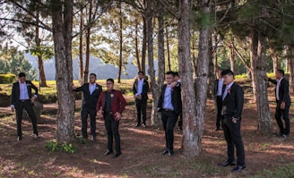 A group of people wearing formal attire, including suits and ties, stand in a wooded area among tall pine trees. The light filtering through the branches creates a pattern of shadows on the ground.