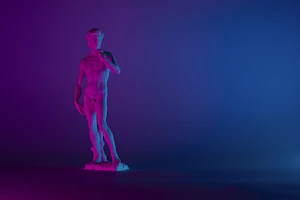 Elegant dark background featuring a softly lit Greek statue silhouette with smooth gradient highlights.