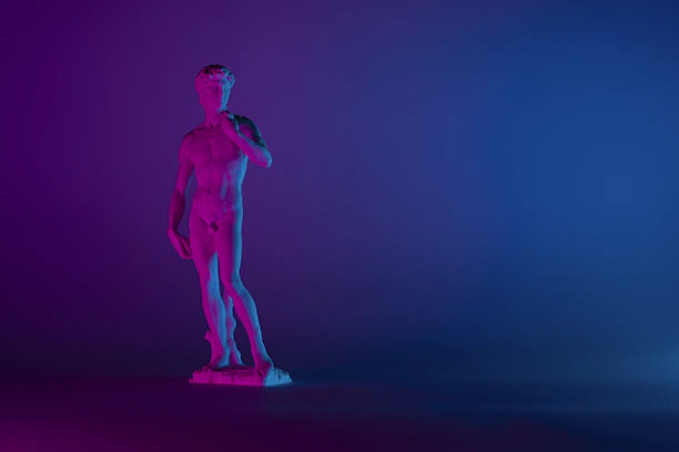 Elegant dark background featuring a softly lit Greek statue silhouette with smooth gradient highlights.