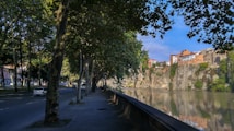 A riverside view with a tree-lined street on the left and a calm river on the right. Residential buildings are visible on a cliff edge above the river. The scene has a serene and picturesque quality with clear skies and lush greenery.