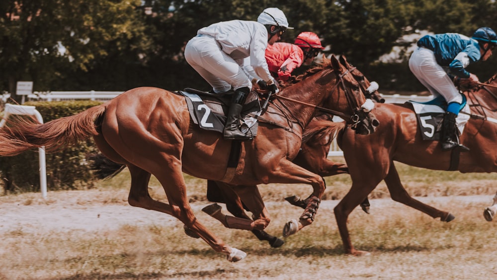 two jockeys are riding their horses in a race