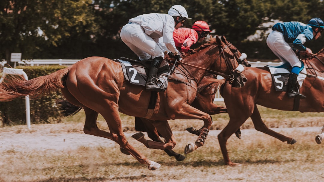 two jockeys are riding their horses in a race,