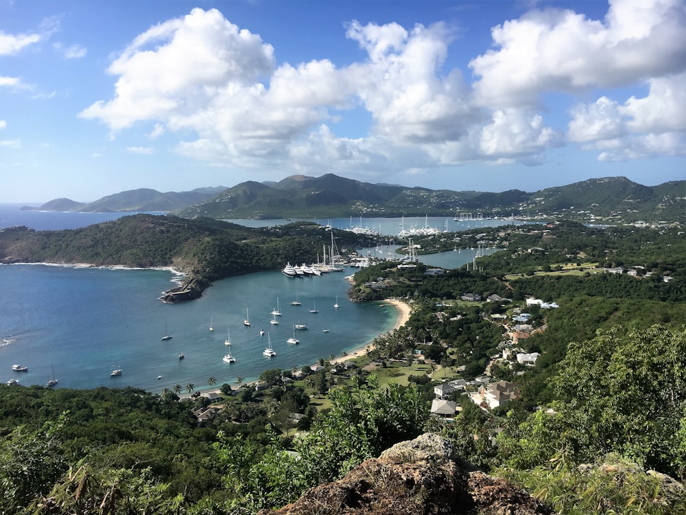 a view of a bay with boats in the water