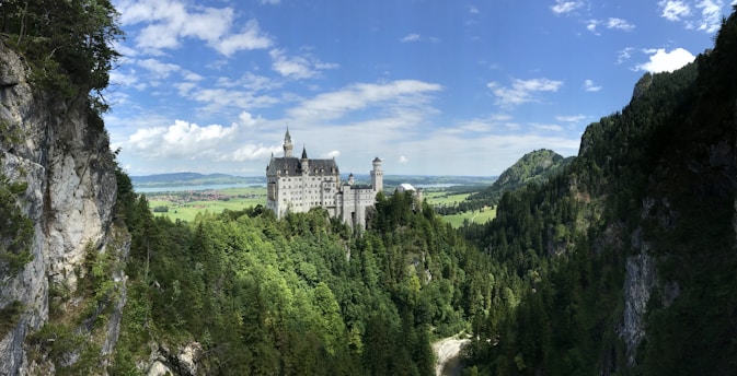 A majestic medieval castle perched on a hill, surrounded by lush forests and a clear blue sky.