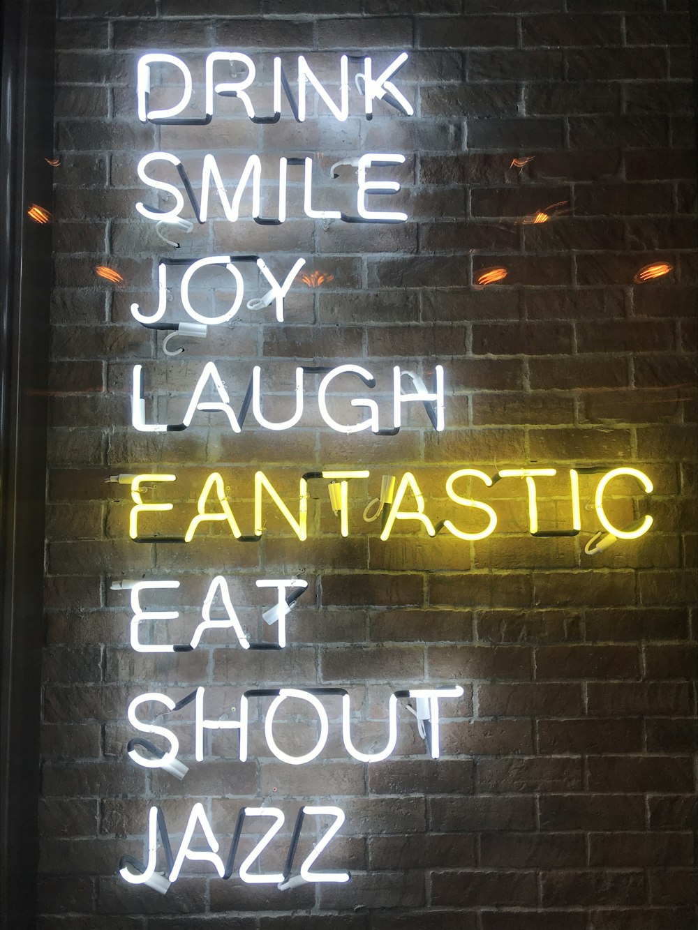 drink smile joy laugh fantastic eat shout jazz lighted signage