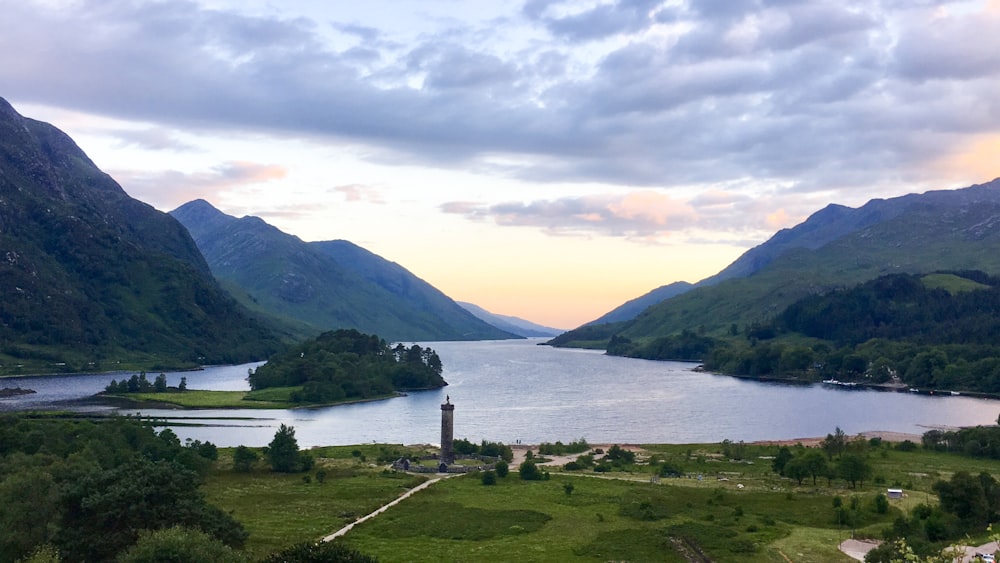 overlooking lake and mountains