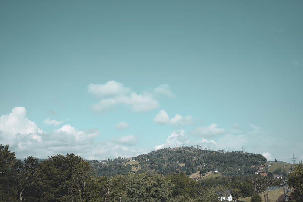 arbres verts couvrant la montagne sous les nuages blancs et le ciel bleu