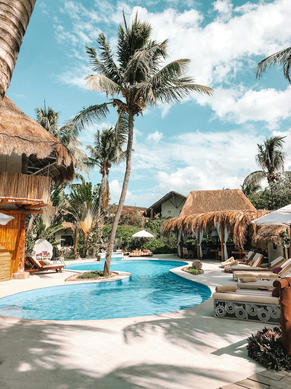 thatch huts and houses by the pool during day