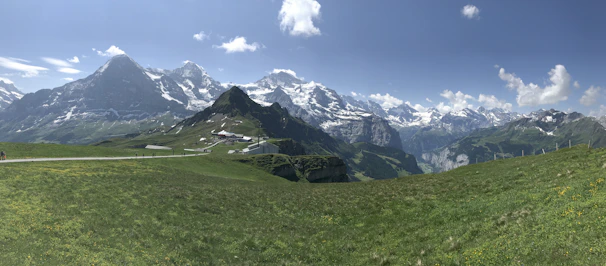 A panoramic view of the Swiss Alps with clear blue skies