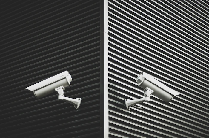 Two grey CCTV cameras