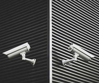 two grey CCTV cameras