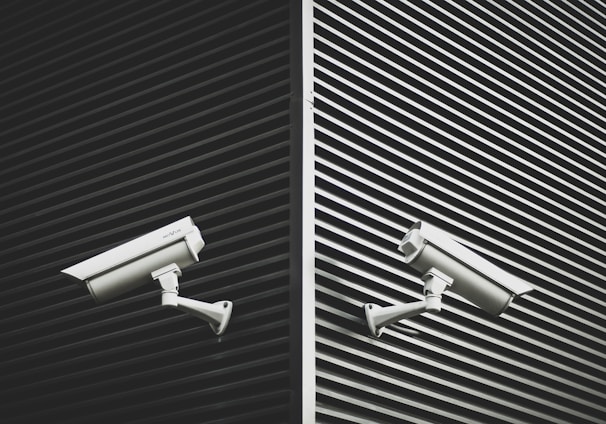 two grey CCTV cameras