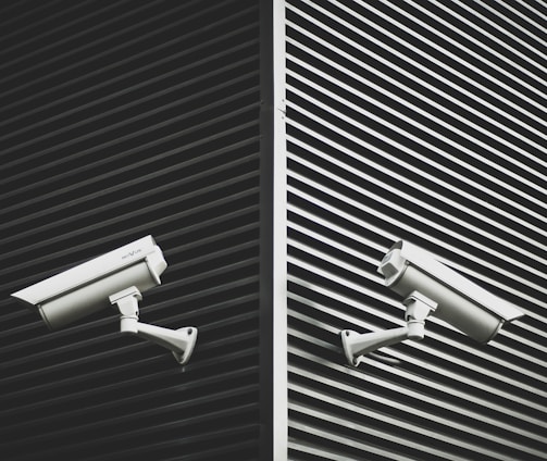 two grey CCTV cameras