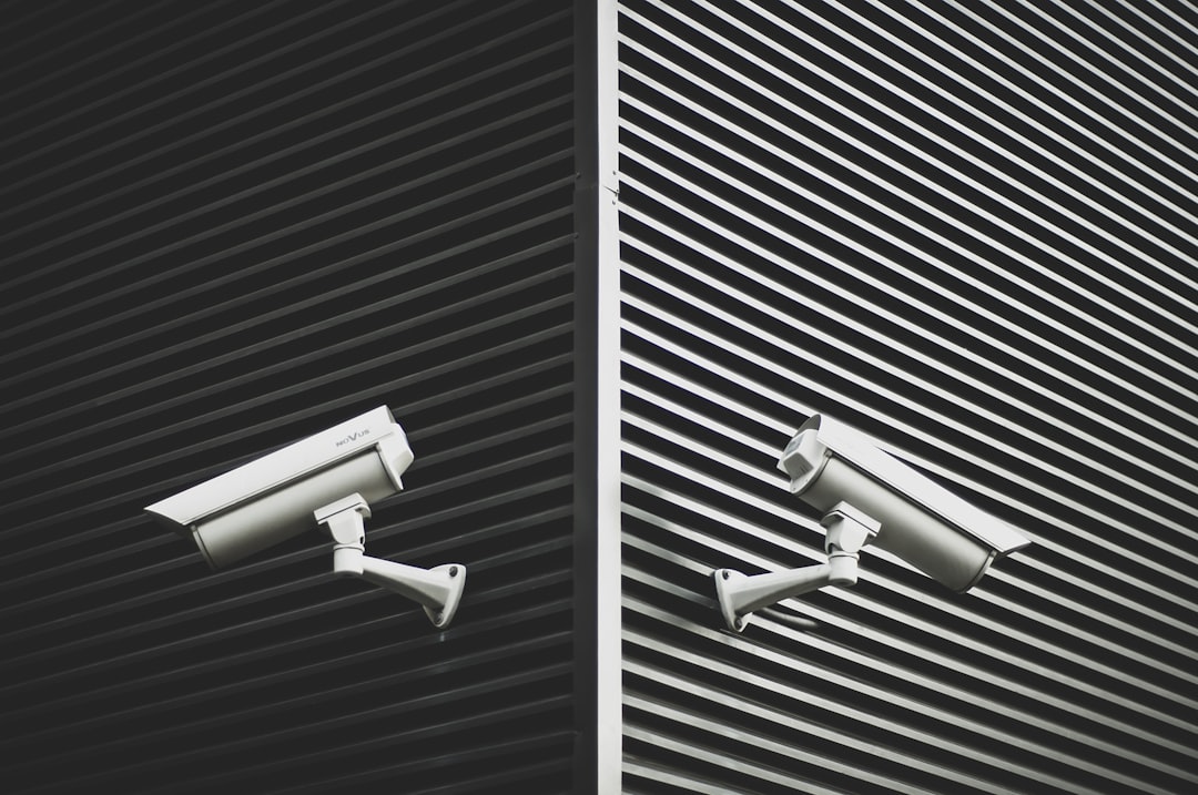 two grey CCTV cameras,