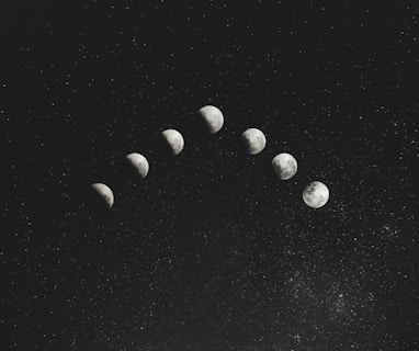 grayscale photography of seven moon illustration
