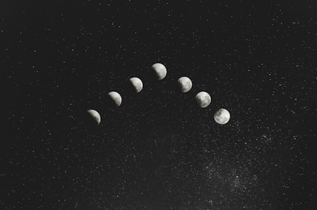 grayscale photography of seven moon illustration