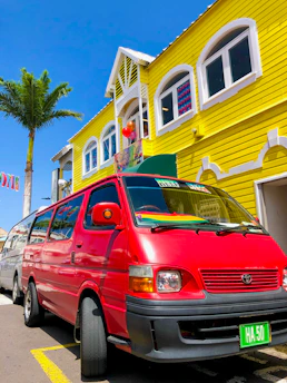 A vibrant van parked in a village, children eagerly gathered around with books in hand.