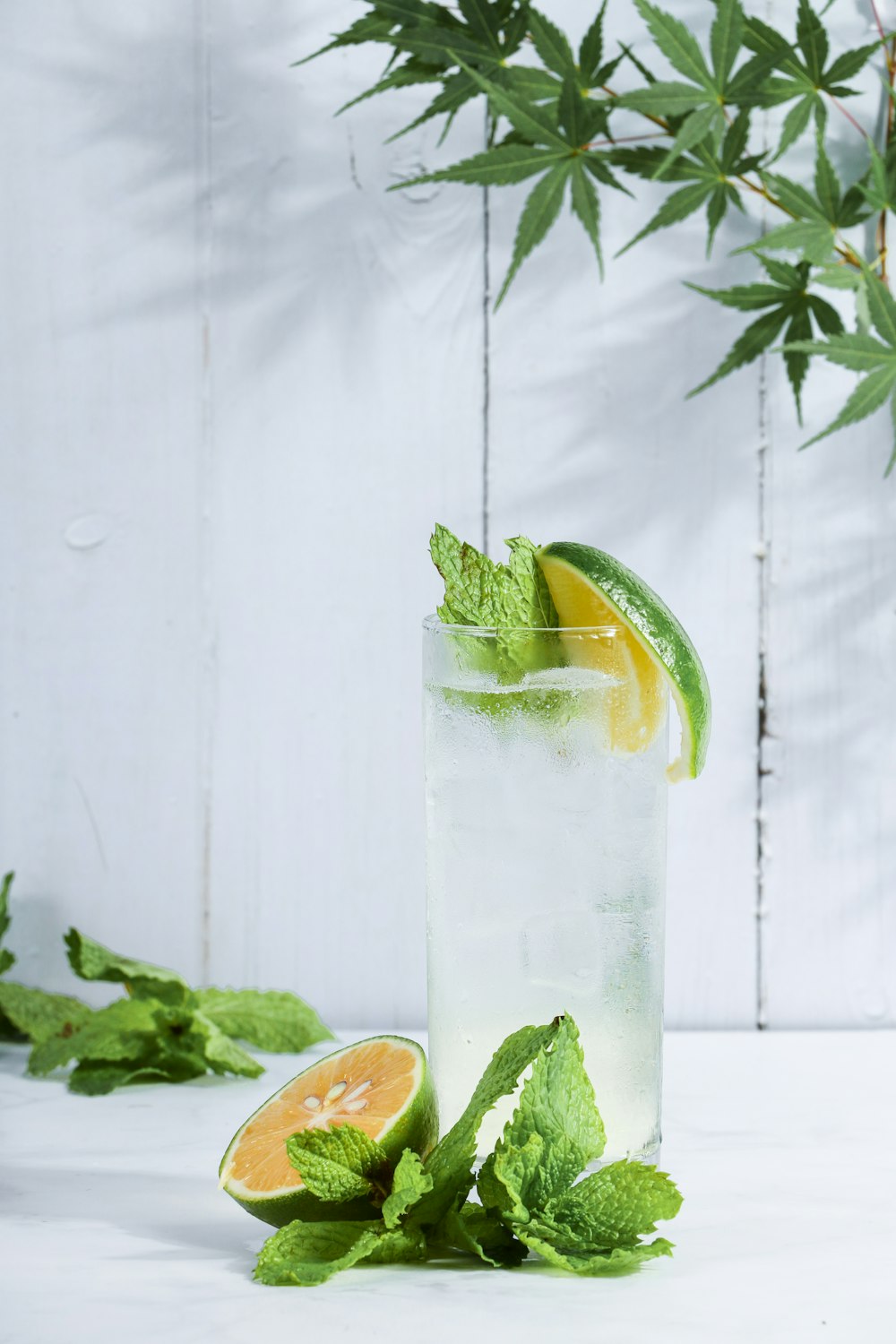 green lime beside drinking glass