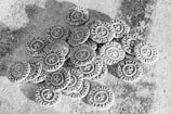 A pile of old-looking coins with intricate designs and inscriptions, scattered on a textured surface. Each coin features a star or cross-like symbol in the center, surrounded by circular text.