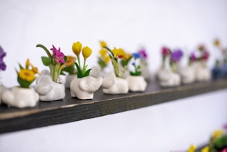 A close-up of elegant ceramic plant pots in soft pastel colors arranged on a wooden shelf.