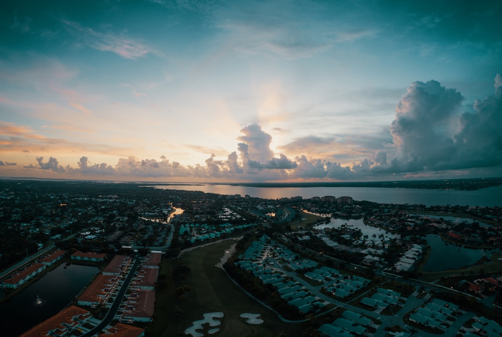 grey cloudy sunset sky over the city